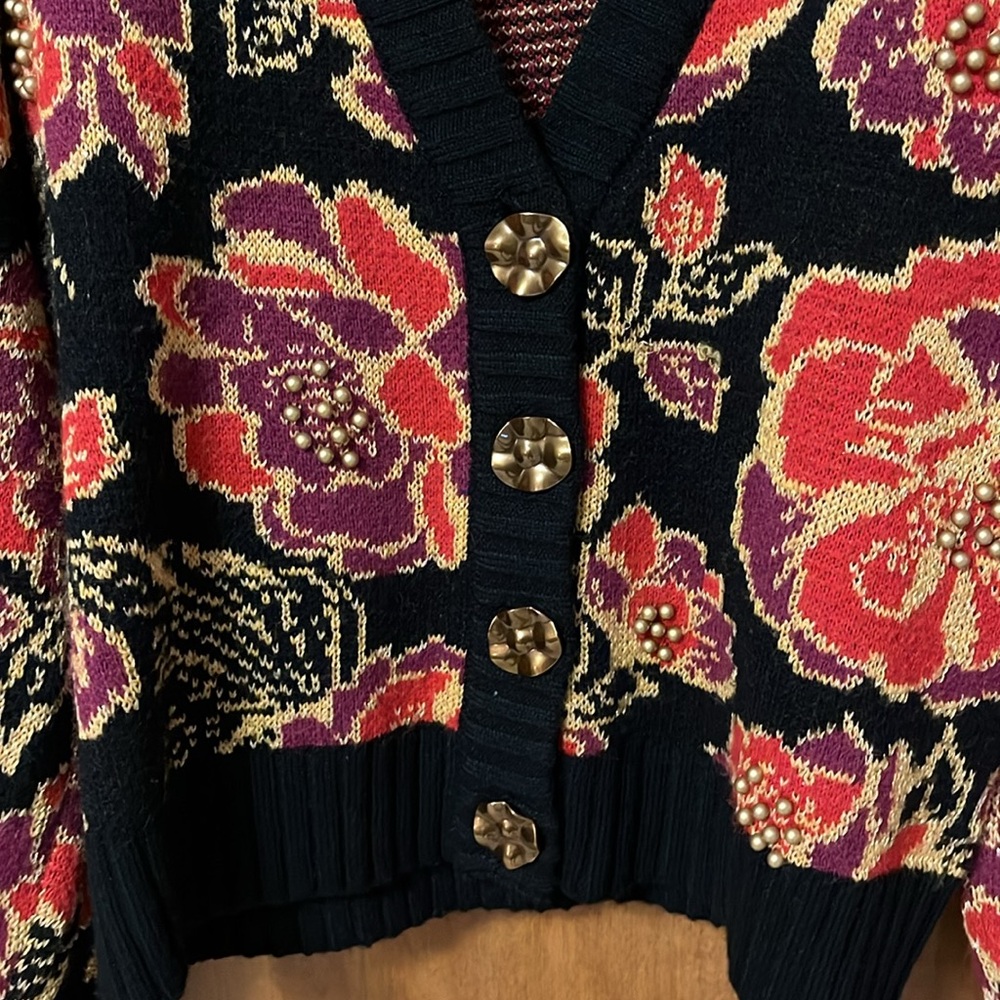 FARM Rio Black Floral Knit Cardigan with Red, Purple & Gold Accents - Picture 2 of 5